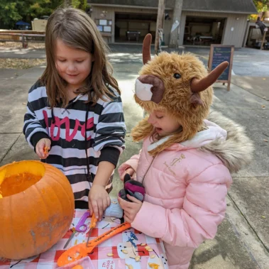 two young girls painting pumpkin
